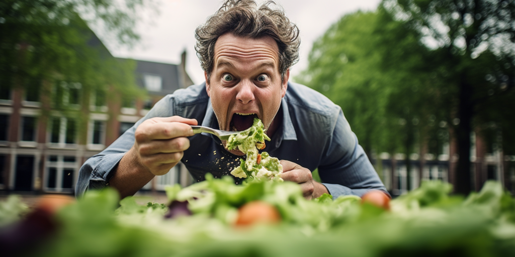 gekke foto van man die een salade eet